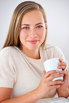 Buy stock photo Woman, relax and happy portrait with green tea in morning for healthy detox and wellness in home. Matcha, drink and girl with a smile from calm break or enjoy beverage from coffee cup in apartment