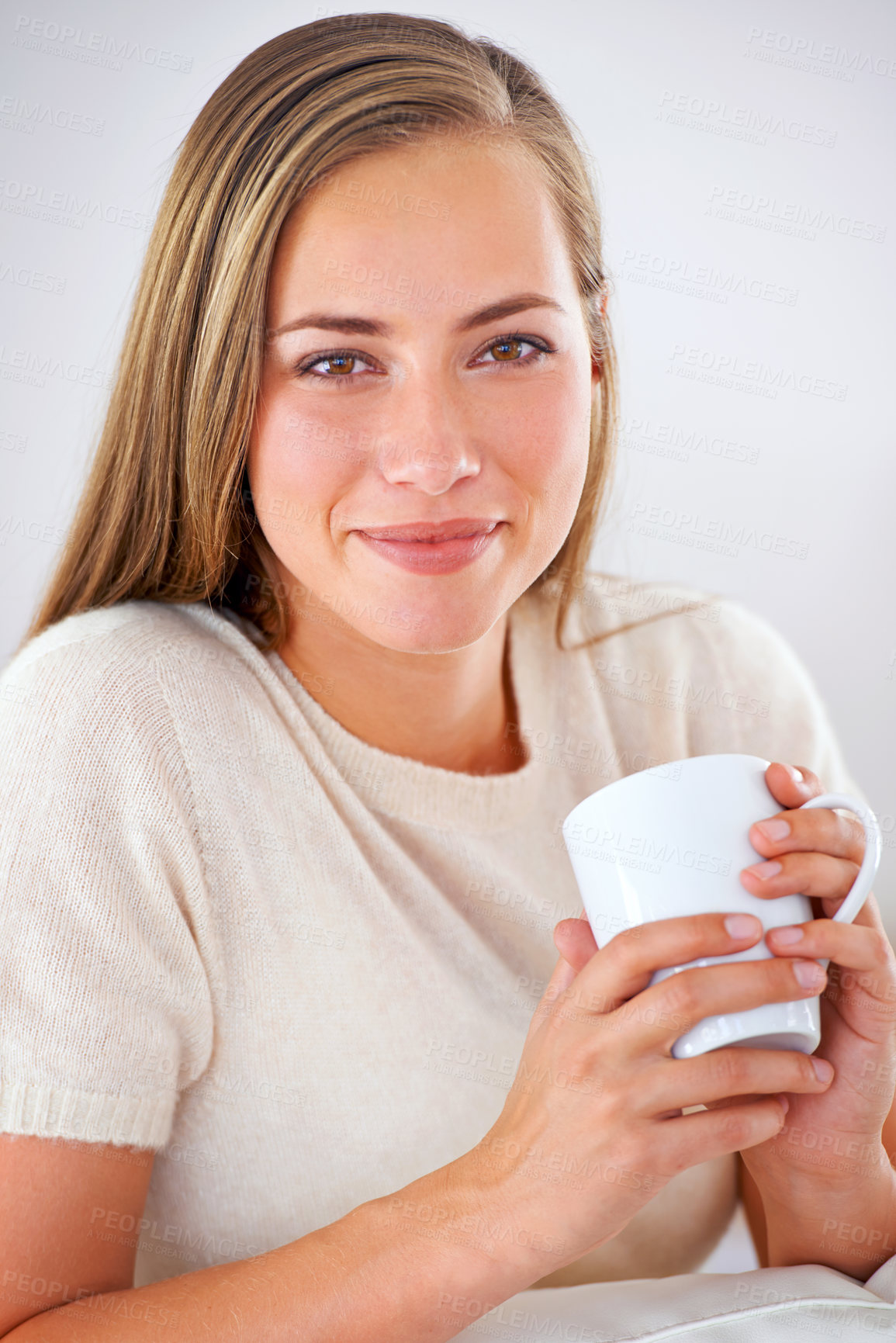 Buy stock photo Woman, relax and happy portrait with green tea in morning for healthy detox and wellness in home. Matcha, drink and girl with a smile from calm break or enjoy beverage from coffee cup in apartment