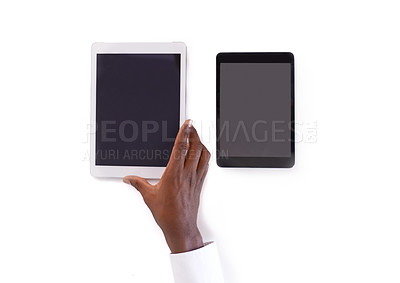 Buy stock photo Cropped shot of a hand holding a digital tablet