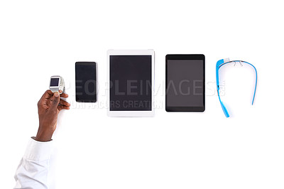 Buy stock photo Device screen, layout or hands in studio for high tech, presentation or digital transformation on white background. Mockup, phone or person with tablet, smart watch or mockup, networking or app