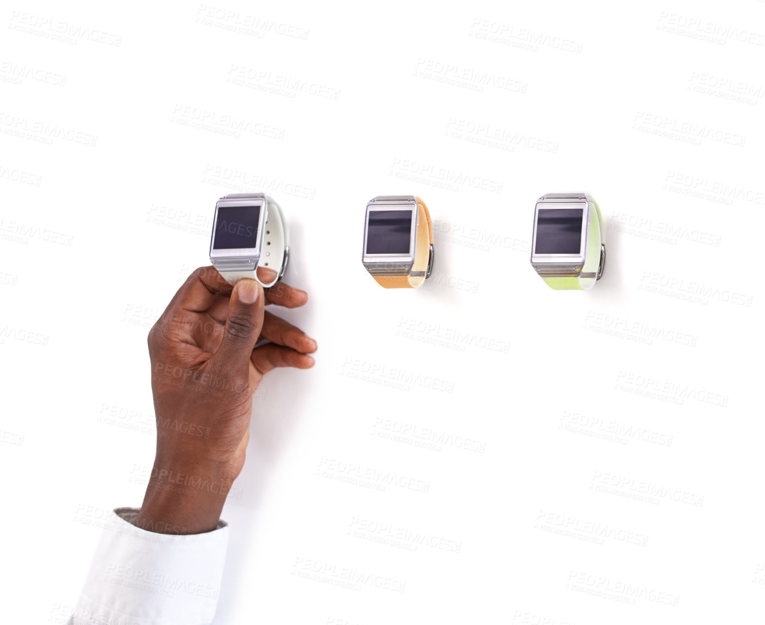 Buy stock photo Shopping, choice and hands with smart watch in studio for checking, display or selection on white background. Screen, tech and person holding digital monitor for start of fitness, journey or tracking