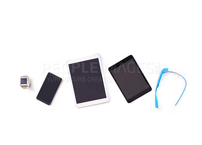 Buy stock photo Tablet, phone and white background for technology, digital and marketing as tech set for business. Mobile, display and advertise in studio, select and chosen for information screen and glasses