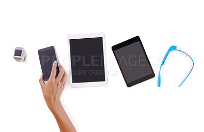 Buy stock photo Tablet, phone and white background for hand, digital and marketing as connecting set for business. Smartphone, display and advertise in studio, select and person for information technology and choose