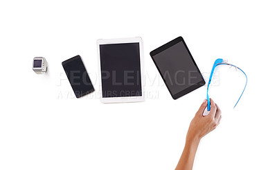 Buy stock photo Tablet, phone and white background for tech, digital and marketing as screen set for business. Person, display and advertise in studio, select and chosen for smart glasses and hand future technology