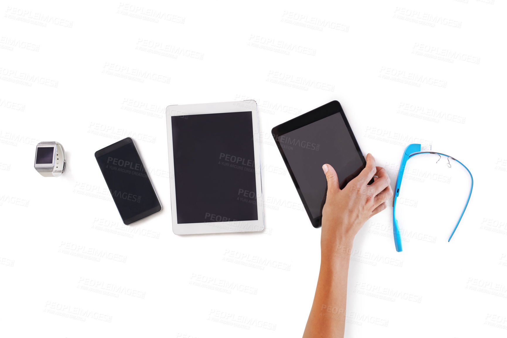 Buy stock photo Tablet, phone and white background for tech, digital and marketing as screen set for business. Smartphone, display and advertise in studio, select and person for information technology and hand 