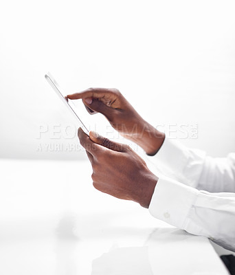 Buy stock photo Hands, businessperson and tablet for research in office, planning and browse on internet or website. Professional, white background and communication on tech, employee and online on mockup space