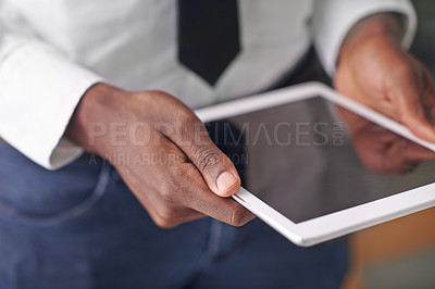 Buy stock photo Hands, tablet and screen in studio, businessperson and mockup space for social media. Professional, tech and website or networking for marketing, app and internet or online for advertising or search