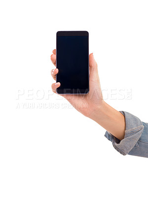 Buy stock photo Hand, phone and blank screen in studio, display and mockup space or social media on white background. Person, tech and website or networking for marketing, app and internet or online for advertising