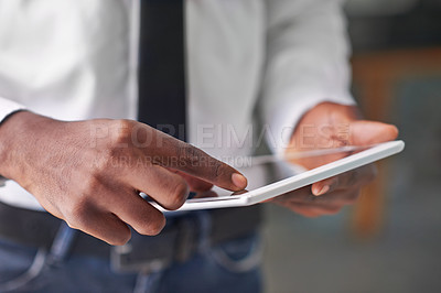Buy stock photo Hands, businessperson and tablet for planning in office, networking and browse on internet or website. Professional, white background and communication on tech, employee and online on mockup space