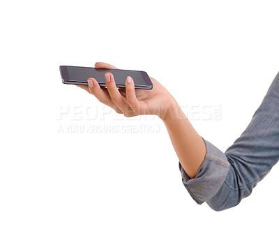 Buy stock photo Phone, screen and hand of woman in studio with mockup for social media, chat or networking on white background. Smartphone, app or closeup of lady model show sign up, promotion or internet connection