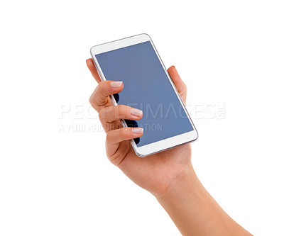 Buy stock photo Cropped shot of a woman's hand holding a smartphone