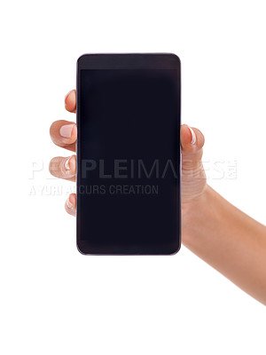 Buy stock photo Hand, phone screen and blank in studio, display and mockup space or social media on white background. Person, tech and website or networking for marketing, app and internet or online for advertising