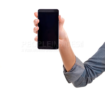 Buy stock photo Hand, phone screen and empty in studio, blank and mockup space or social media on white background. Person, tech and website or networking for marketing, app and internet or online for advertising