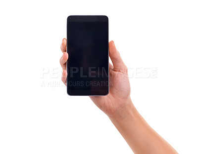 Buy stock photo Cropped shot of a woman's hand holding a smartphone