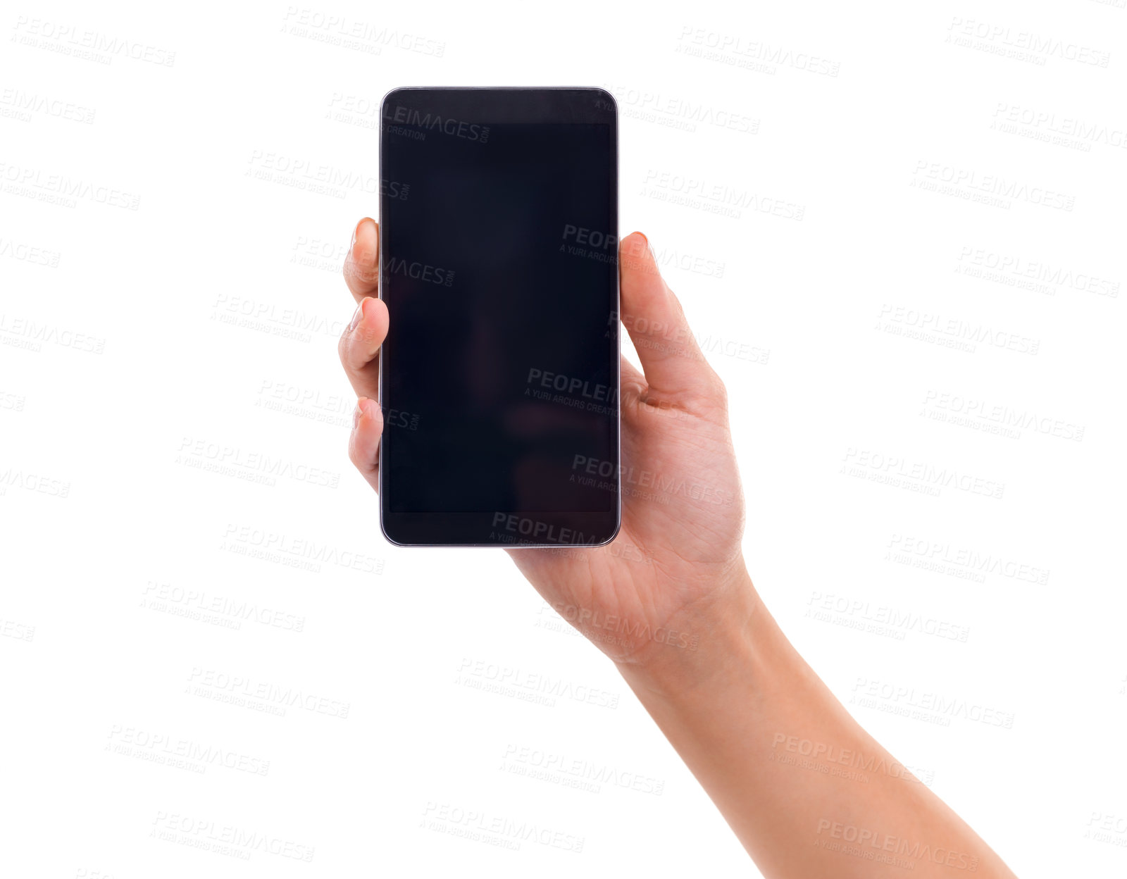 Buy stock photo Cropped shot of a woman's hand holding a smartphone