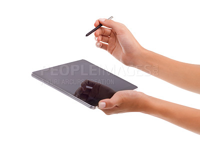 Buy stock photo Closeup, hands or drawing on tablet in studio for signature, application form or online document on website. Graphic designer, person or digital pen for writing or creative sketch on white background