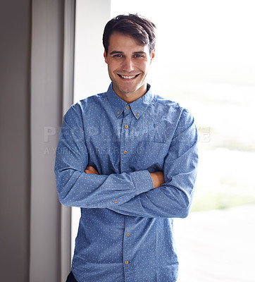 Buy stock photo office, crossed arms and portrait of business man with confidence, company pride and smile. Corporate worker, professional and happy person for working, career and job opportunity in workplace