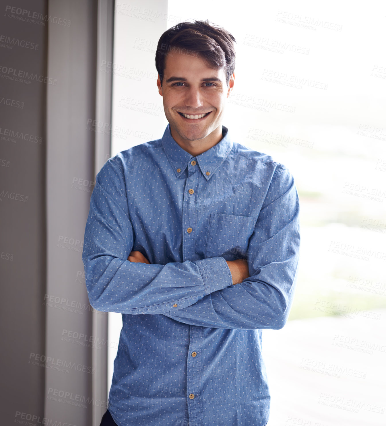 Buy stock photo office, crossed arms and portrait of business man with confidence, company pride and smile. Corporate worker, professional and happy person for working, career and job opportunity in workplace