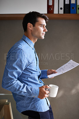Buy stock photo Thinking, documents and business man with coffee in office for ideas, brainstorming and solution. Corporate consultant, professional and person with drink and paperwork, proposal and project report