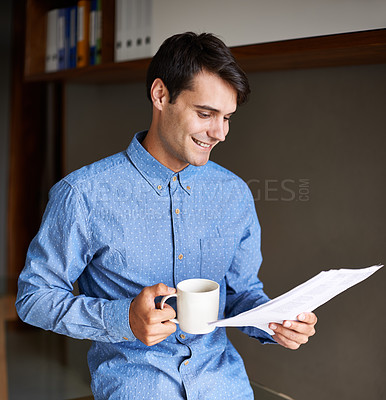 Buy stock photo Reading, documents and business man with coffee in office for ideas, brainstorming and solution. Corporate consultant, professional and person with drink and paperwork, proposal and project report