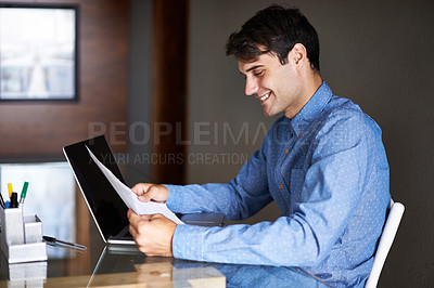 Buy stock photo Laptop, documents and business man in office for proposal, project review and company report. Professional, consultant and person with paperwork and computer for information, research and planning