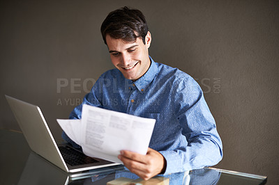 Buy stock photo Business, documents and happy man with laptop in office for accounting, planning or budget review. Financial, savings and male accountant with paper, invoice or startup growth, profit or sales report