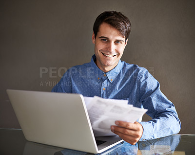 Buy stock photo Business, documents and man portrait on laptop in office for accounting, planning or budget review. Financial, success or accountant face with paper, invoice or startup growth, profit or sales report