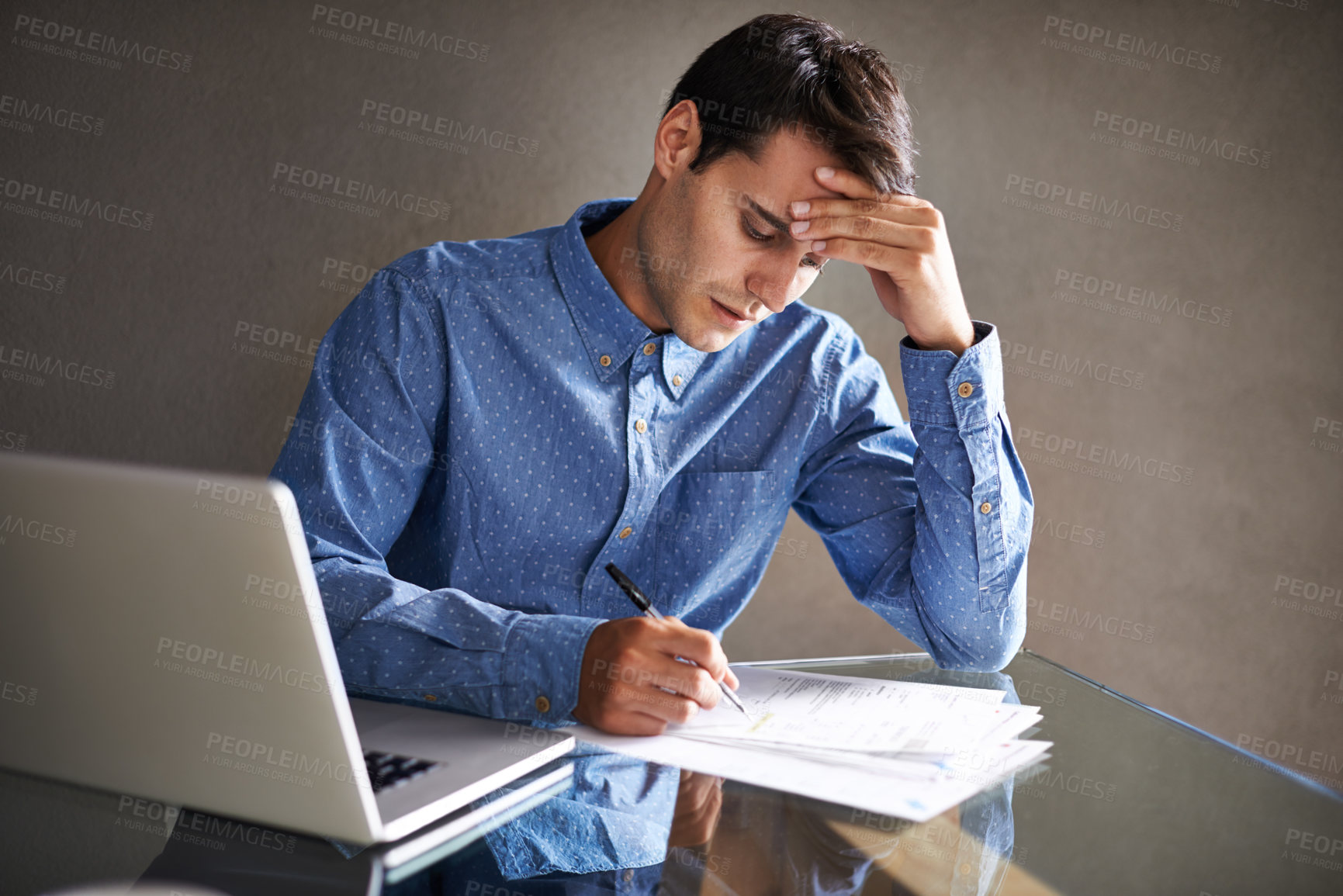 Buy stock photo Stress, headache and businessman with documents, burnout or financial report in office. Finance, mistake and male accountant with anxiety frustrated by tax, audit or paperwork, deadline or disaster