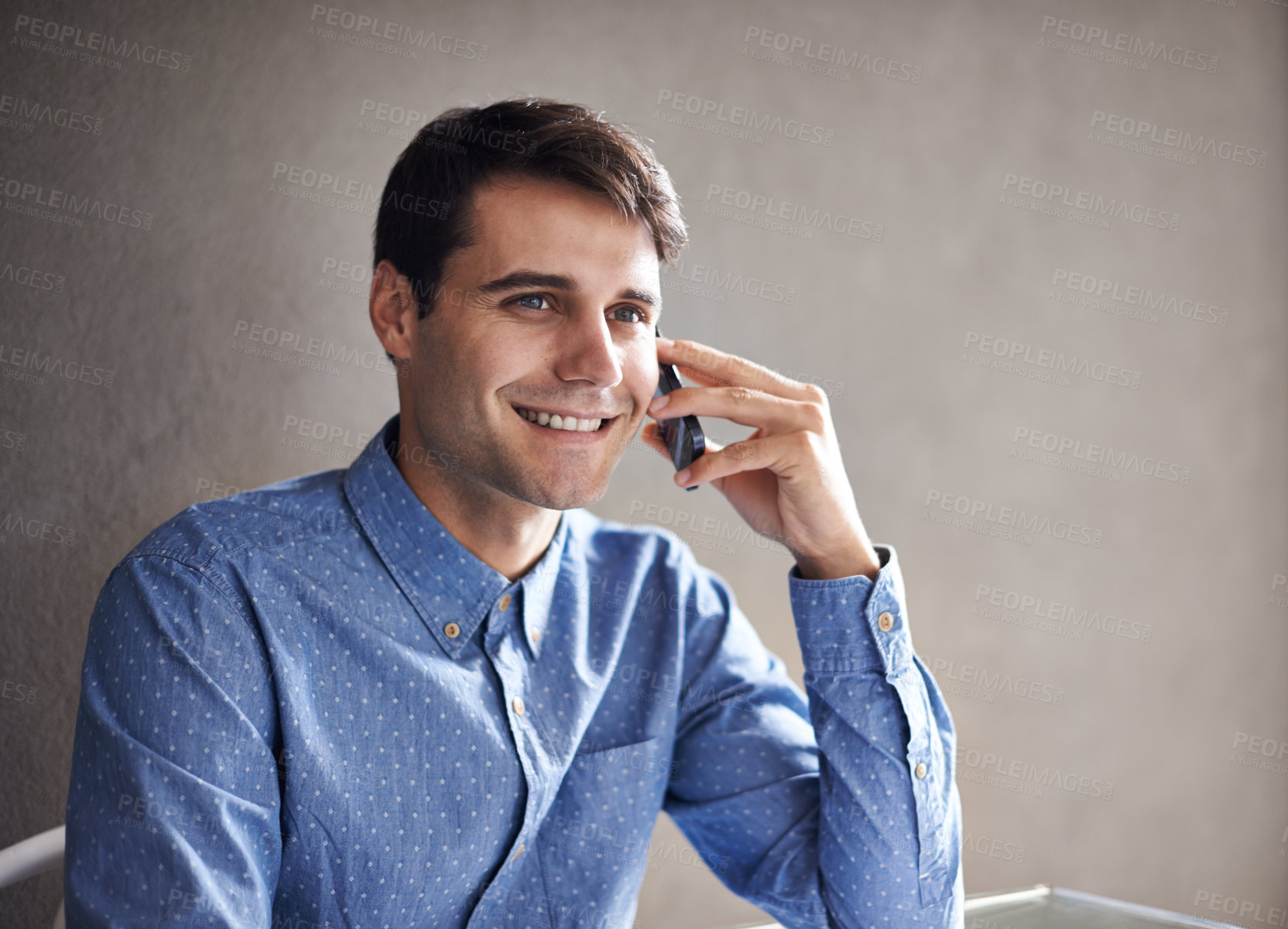 Buy stock photo Phone call, office and business man in conversation, discussion and talking for b2b networking. Professional, corporate and person on smartphone for communication, chatting online and speaking