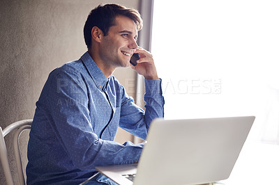 Buy stock photo Phone call, smile and businessman with laptop in office for planning, networking or web communication. Smartphone, conversation or consultant with loan advice, help or online client, faq or feedback