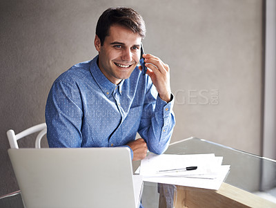 Buy stock photo Phone call, office and business man with laptop in conversation, discussion and talking for networking. Computer, corporate and person on smartphone for communication, chatting online and speaking