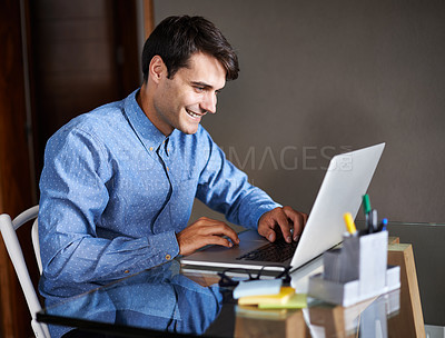 Buy stock photo Businessman, laptop and typing in office professional, salesman and working in workplace. Male person, smile and happy with computer or research, corporate and technology for connectivity or project