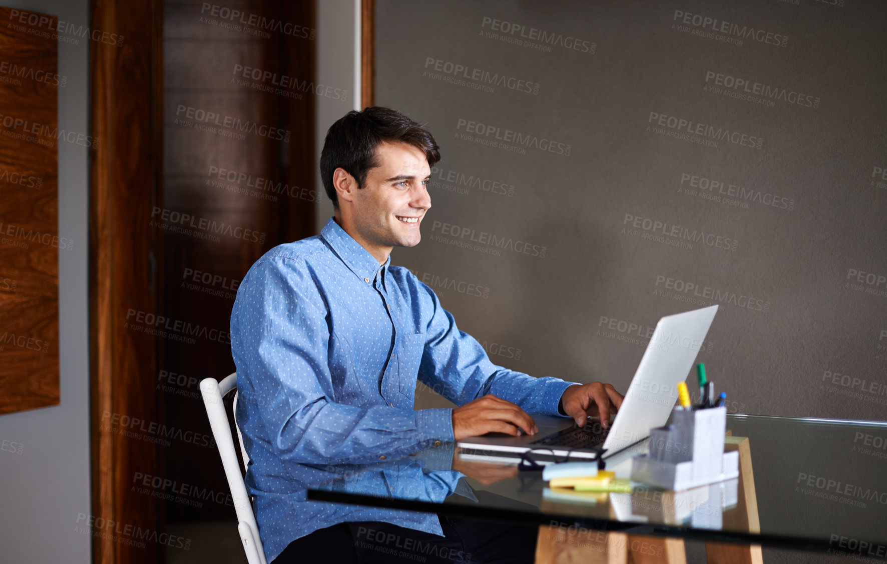 Buy stock photo Happy, laptop and business man in office for working on online project, proposal and research. Corporate, professional and worker on computer for email, website search and internet in workplace