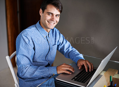 Buy stock photo Business, portrait or happy man with laptop in office for planning, typing or startup company research. Face, smile and male entrepreneur online for chat, search or client, email or web communication