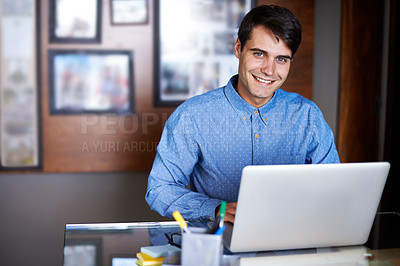 Buy stock photo Businessman, laptop and portrait in workplace professional, salesman and working in office. Male person, smile and happy with computer or research, corporate and technology or connectivity or project