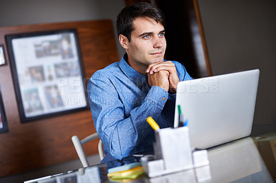 Buy stock photo Business, thinking or man smile in office with laptop for solution, research or problem solving. Pc, vision and male entrepreneur online for feedback, review or brainstorming startup company ideas