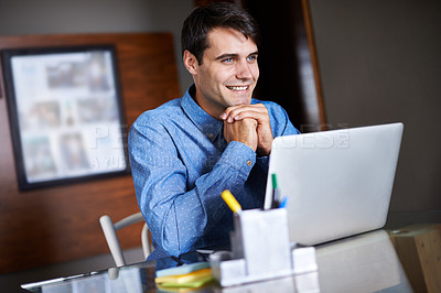 Buy stock photo Thinking, laptop and business man in office with idea working on online project, planning and research. Corporate, professional and worker on computer for typing email, website search and internet
