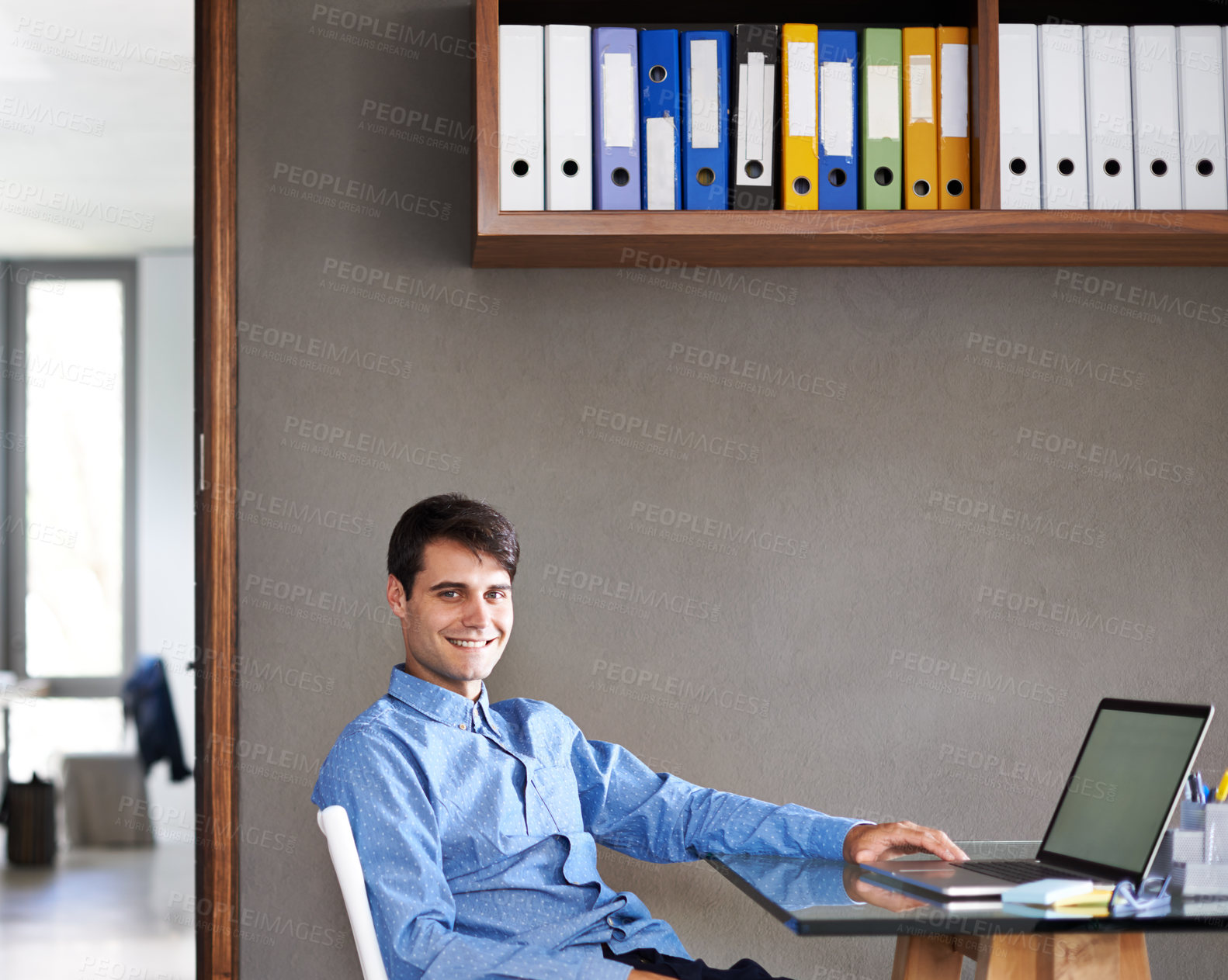 Buy stock photo Office, laptop and portrait of business man at desk for working online, planning and website research. Corporate worker, professional and happy person on computer for internet, project and email