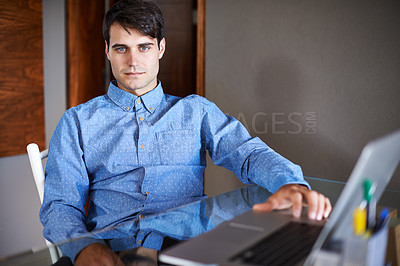 Buy stock photo Business, portrait and serious man with laptop in office for planning, research or startup management. Mindset, attitude and face of male entrepreneur online for web, search or client communication