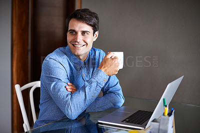 Buy stock photo Remote work, laptop and business man with coffee working from home on project, proposal and research. Freelance worker, professional and person on computer for email, website search and internet