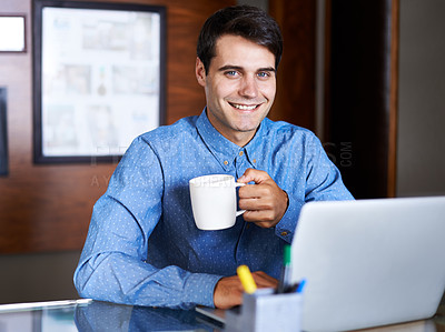 Buy stock photo Coffee, laptop and portrait of business man in office for working online, planning and website research. Corporate worker, professional and happy person on computer for internet, project and email