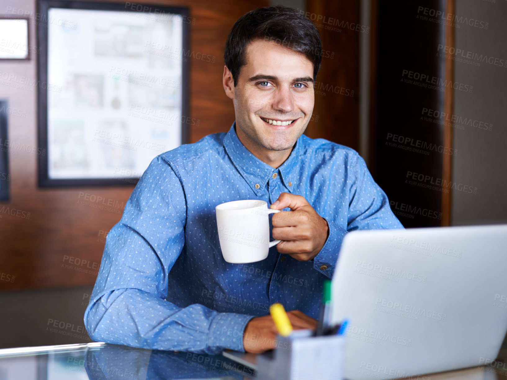 Buy stock photo Coffee, laptop and portrait of business man in office for working online, planning and website research. Corporate worker, professional and happy person on computer for internet, project and email