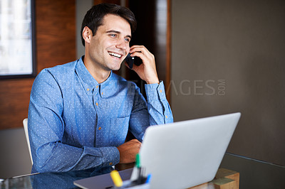 Buy stock photo Happy, phone call and businessman with laptop in office for planning, networking or web communication. Smartphone, conversation or consultant with loan advice, help or online client, faq or feedback