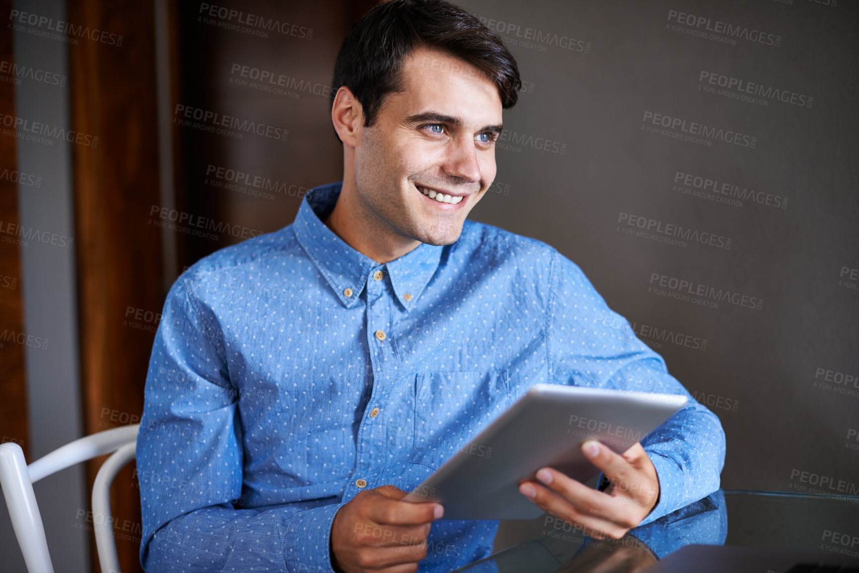Buy stock photo Man, tablet and online for agenda in office, professional and research for startup company. Businessperson, planning and app for information or website, networking and internet for communication