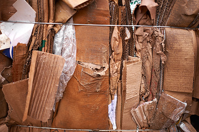 Buy stock photo Recycle, cardboard or box of trash in outdoor for waste management, junk yard garbage or rubbish. Community. background, organised closeup of dirty material with dump collection, litter or scrap pile