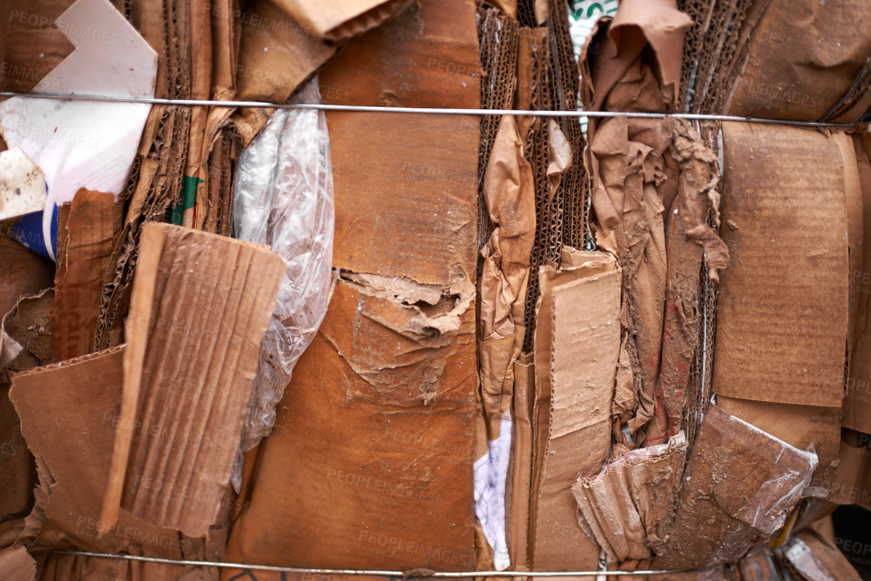 Buy stock photo Recycle, cardboard or box of trash in outdoor for waste management, junk yard garbage or rubbish. Community. background, organised closeup of dirty material with dump collection, litter or scrap pile