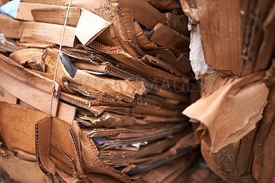 Buy stock photo Recycle, cardboard or box of garbage in outdoor for waste management, junk yard trash or rubbish. Community, background, organised closeup of junk material with dump collection, litter or scrap pile