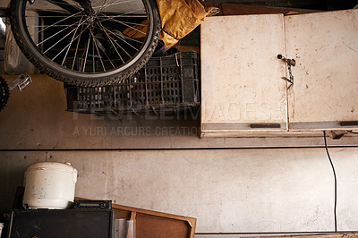 Buy stock photo Storage, bicycle and tools in shed house with old wood interior and rust with trash. Home, garage and bike in slum with broken furniture or equipment in crates to store instruments in boxes.