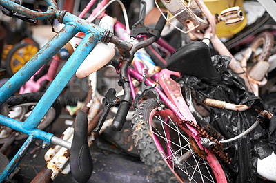 Buy stock photo Closeup shot of old bicycles in a rubbish heap