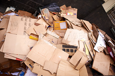 Buy stock photo Recycle, cardboard or box of garbage for waste management, junk yard trash or rubbish. Community. background or organised closeup of messy material with dump collection, outdoor litter or scrap pile